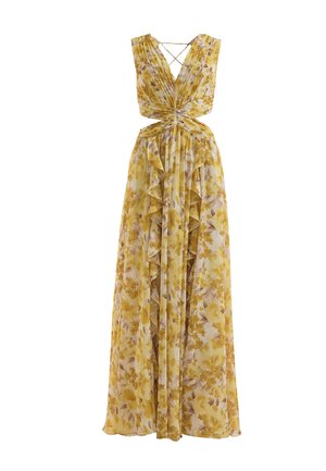 Yellow floral maxi dress with pleated bodice, ruched waist, deep V-neck, and cascading ruffle details on the skirt.