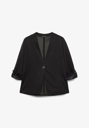 Musta lyhythihainen takki teksturoidusta kankaasta, jossa on V-pääntie, yksittäinen nappikiinnitys ja käärityt hihansuut, ja jossa on erottuva vuorikangas.