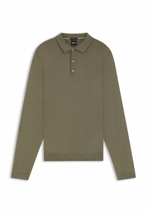 Långärmad olivgrön polo skjorta i mjukt tyg, med en knapprad med tre knappar, ribbad krage och ärmslut.