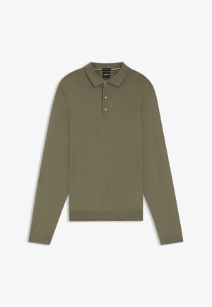Long-sleeve olive green polo shirt made of smooth fabric, featuring a three-button placket, ribbed collar, and cuffs.