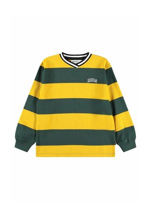 Long-sleeve shirt with wide horizontal yellow and dark green stripes, v-neck collar with black and white trim, and "MOLO" logo on chest.