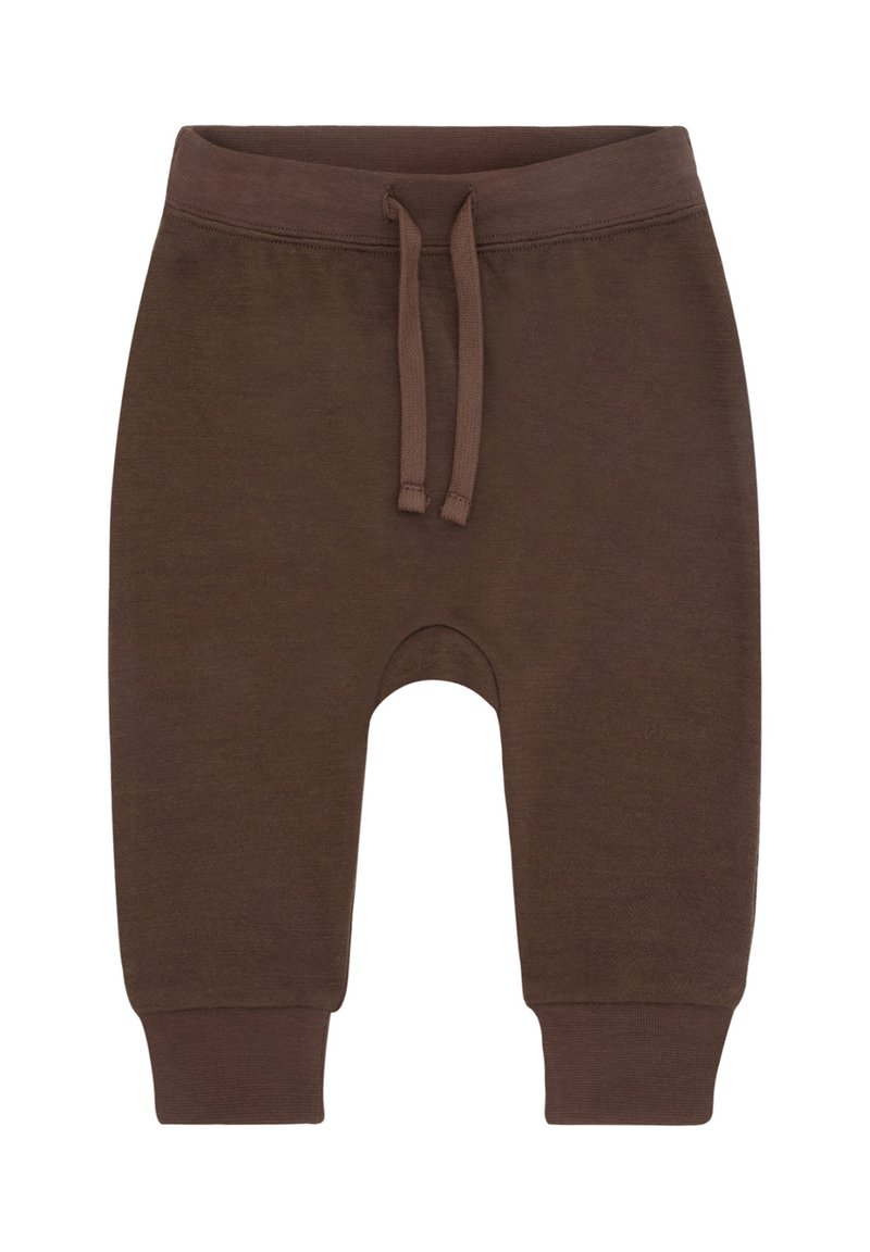 Pantaloni marroni per bambini con vita elastica, lacci, polsini a coste e design a cavallo basso.
