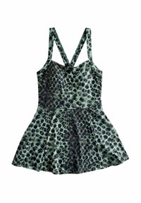 Grünes Leopardenmuster-Kleid mit tailliertem Oberteil, ausgestelltem Rock und überkreuzten Trägern. Hergestellt aus glattem Stoff mit weicher Textur.