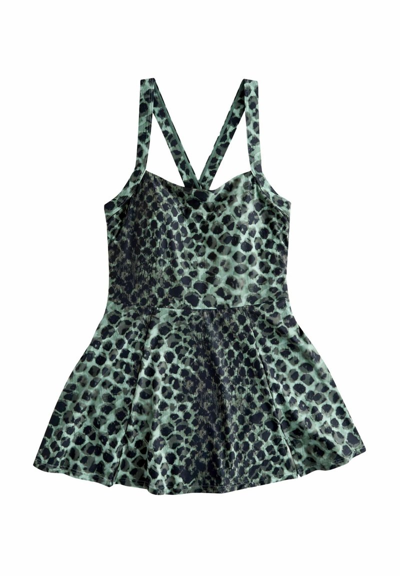 Grünes Leopardenmuster-Kleid mit tailliertem Oberteil, ausgestelltem Rock und überkreuzten Trägern. Hergestellt aus glattem Stoff mit weicher Textur.