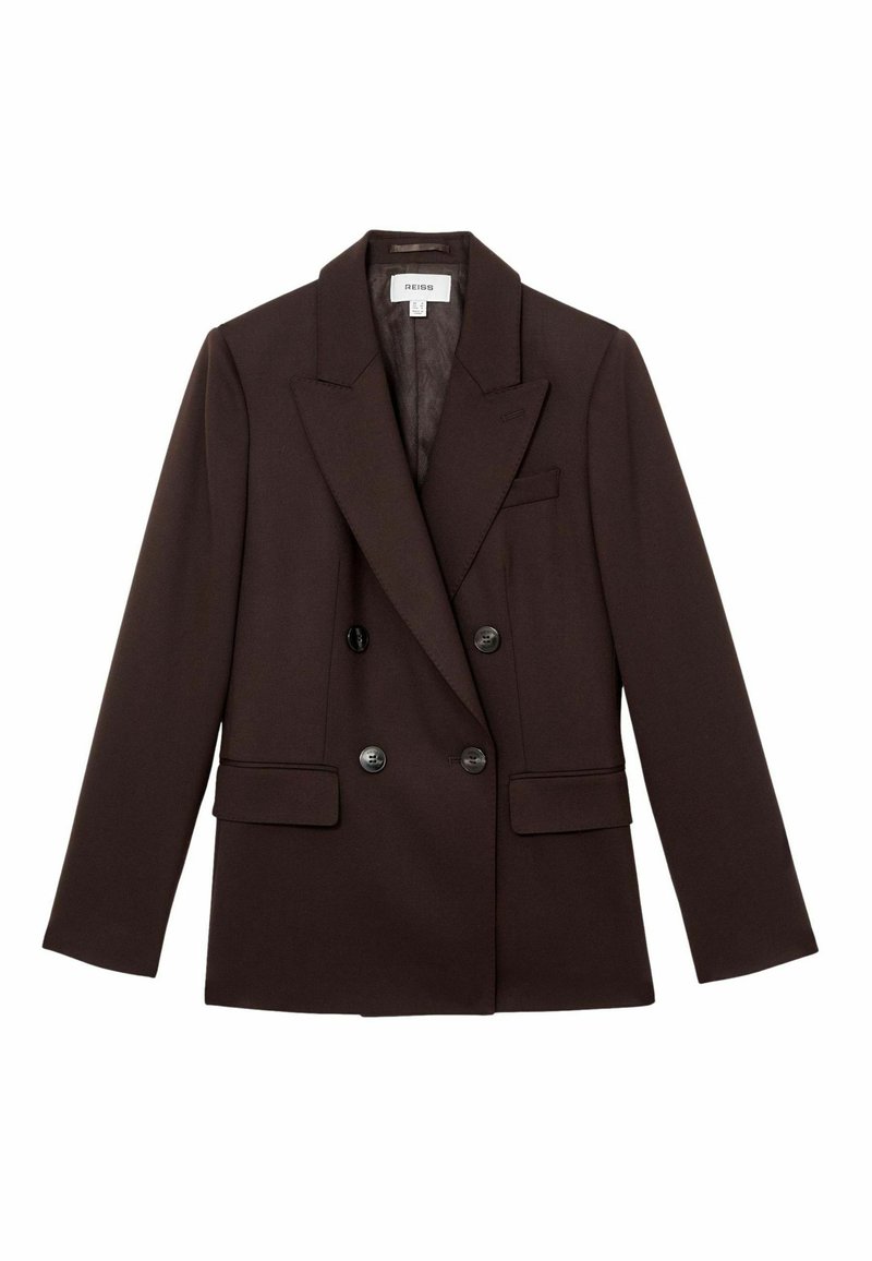 Blazer marron foncé à double boutonnage en tissu lisse, avec un col cranté, deux poches avant et des boutons noirs.