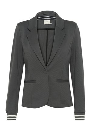 Houtscharcoalgrijze blazer met een gestructureerd ontwerp, enkele knoopsluiting, twee vo pockets en gestreepte manchetten. Textuurstof met verticale lijnen.
