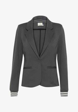 Blazer grigio carbone con un design strutturato, chiusura a bottone singolo, due tasche frontali e polsini a righe. Tessuto testurizzato con linee verticali.