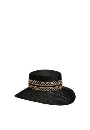 Black wide-brimmed straw hat with woven beige and brown band detail around the crown.