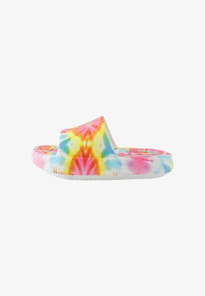Sandalii slide colorati, cu un design tie-dye, realizati dintr-un cauciuc moale, având un design cu barete ridicate și modele vibrante în nuanțe de roz, galben și albastru.