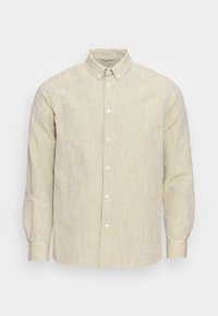 Vaaleanbeige pitkähihainen paita pellavasekoitetta, jossa on napillinen kaulus, teksturoitu kangas ja hienovarainen pystysuora kuvio.