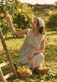 Femme en robe à carreaux et foulard sur la tête cueillant des citrons d'un arbre, les plaçant dans des paniers sur l'herbe à côté d'une échelle en bois dans un verger ensoleillé.