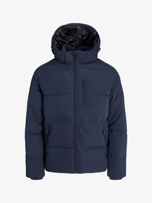 Giacca puffer blu navy con cappuccio, dotata di una zip frontale, tasche laterali e motivo trapuntato per isolamento e calore.
