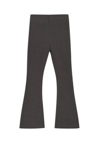 Leggings évasés gris côtelés avec une taille ajustée, présentant des rayures verticales et une texture lisse sur l'ensemble du tissu.