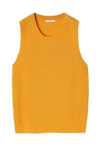 Ærmeløs strikket vest i sennepsgul med rund hals og struktureret mønster, størrelse small, vist fladt på hvid baggrund.