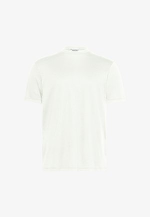 Valge ümmarguse kaelusega T-särk pehmest kangast. Lühikesed varrukad, ilma mustriteta. Lihtne disain sirge äärega ja minimaalsete detailidega.