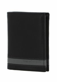 Black leather wallet featuring a fold design, smooth texture, gray accent band, and embossed branding along the front.