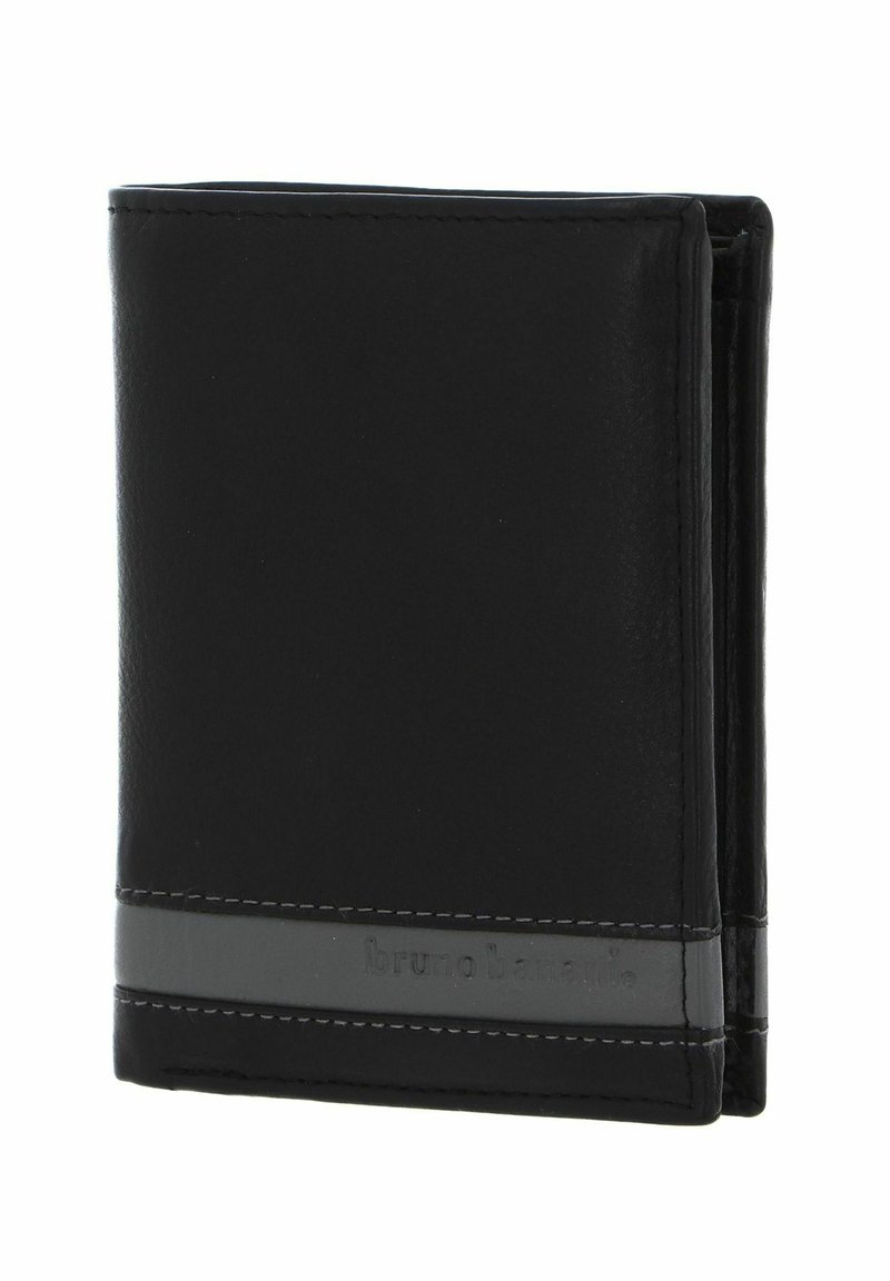Black leather wallet featuring a fold design, smooth texture, gray accent band, and embossed branding along the front.