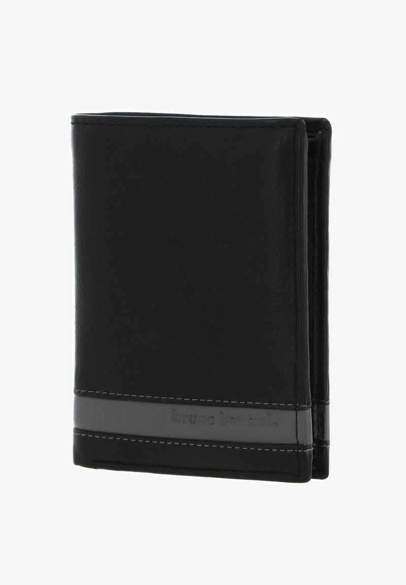 Black leather wallet featuring a fold design, smooth texture, gray accent band, and embossed branding along the front.