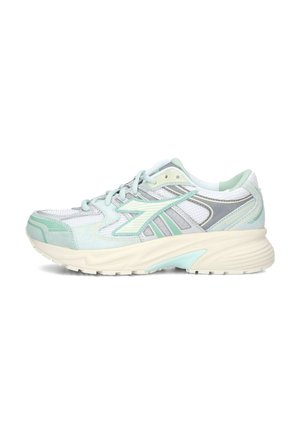 Lightweight running shoe featuring a mint green, gray, and white mesh upper, cushioned sole, and a textured rubber outsole.