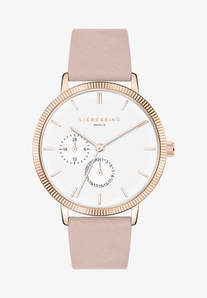 Runde Uhr mit einem weißen Zifferblatt, Roségold-Akzenten und einem beigen Lederarmband. Verfügt über zwei Unterzifferblätter und dünne Stundenmarkierungen.