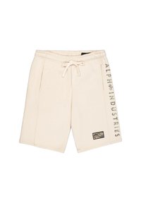 Beige shorts med elastisk talje og snor, sidelommer og et camouflage-logo trykt lodret på venstre side.