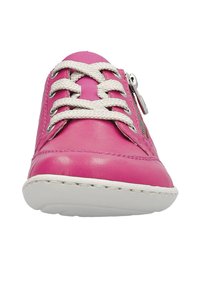 Pink leather sneaker with white rubber sole, lace-up design, and an exposed zipper on the side, featuring textured laces.