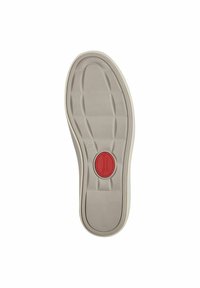 Suela de zapato beige claro con patrón de agarre texturizado, con un acento circular rojo central etiquetado como "Confort". La talla indicada es 37.