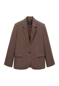 Ruskea houndstooth-kuviollinen bleiseri lovikauluksella, yksiratkaisuknäppäimellä ja kahdella etutaskulla. Sileä vuori sisäpuolella.