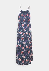 Robe longue bleu marine à motif floral avec des fleurs roses et violettes, bretelles spaghetti ajustables et coupe décontractée.