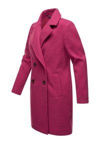 Fuchsia wolmix jas met een ingezette kraag, dubbele knopenfront, twee zakken en zwarte knopen; heeft een subtiele gemêleerde structuur.