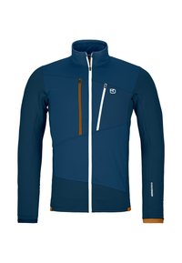 Herren Zip-Jacke in Dunkelblau mit hellblauen und orangefarbenen Akzenten. Verfügt über einen hohen Kragen, diagonale Nahtgestaltung und zwei Reißverschlusstaschen.