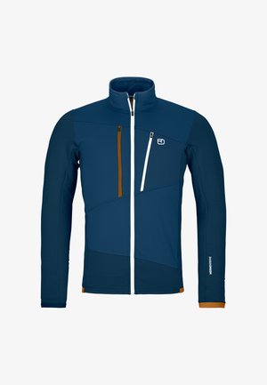 Men's zip-up jacket in dark blue with light blue and orange accents. Features a high collar, diagonal seam design, and two zippered pockets.