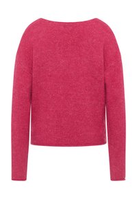 Kurzer rosa Pullover mit lockerer Passform, weiter Ausschnitt und langen Ärmeln. Hergestellt aus einem weichen, flauschigen Material mit leicht strukturiertem Oberflächen. 