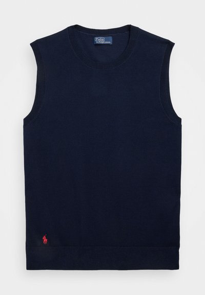 Mornarčka brezrokavna pletena majica iz bombaža, ki ima ribasto okroglo vratno izreza in majhen rdeč logo polo na spodnjem levem robu.