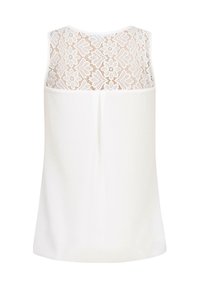 Top sans manches blanc présentant un dos en dentelle détaillé avec des motifs floraux et un ourlet droit. Tissu doux avec une texture lisse.