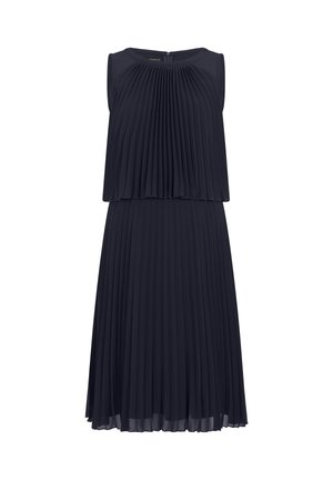Ärmelloses, marineblaues Midikleid mit Plisseefalten, geschichteter Oberteil und rundem Ausschnitt, mit Reißverschluss auf der Rückseite.