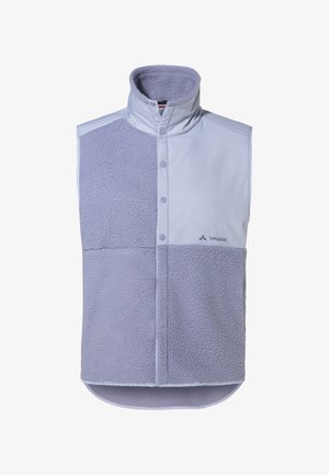 Helllila ärmellose Weste aus einer Mischung von glattem Stoff und strukturiertem Fleece, mit hohem Kragen, Druckknöpfen und abgerundetem Saum.