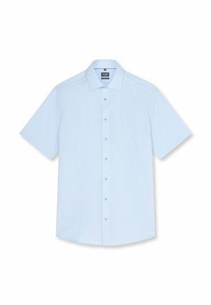 Camicia azzurro chiaro a maniche corte con bottoni, colletto e taschino sul lato sinistro del petto, stesa piatta su sfondo bianco.