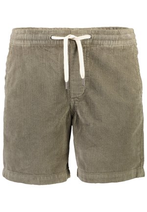 Khaki corduroy shorts met verticale ribbelstructuur, elastische tailleband en trekkoordsluiting. Bevat een opgerolde zoom en zijzakken.
