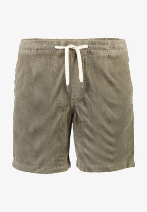 Khaki corduroy shorts met verticale ribbelstructuur, elastische tailleband en trekkoordsluiting. Bevat een opgerolde zoom en zijzakken.