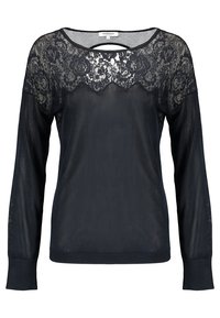 Schwarzes Langarmoberteil mit einer Spitzenüberlagerung am Halsausschnitt und den Schultern. Rundhalsausschnitt und gerippte Bündchen. Durchsichtiger Stoff mit aufwendigem Blumenmuster.