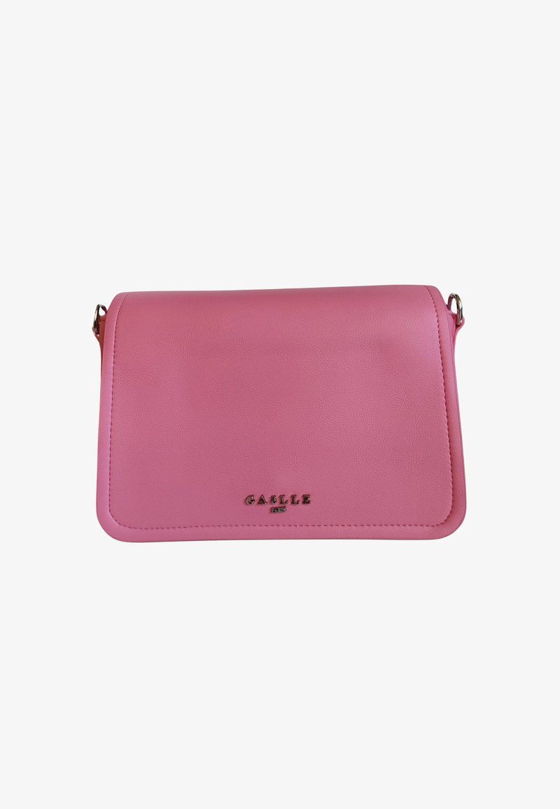 Borsa a tracolla rosa in pelle con chiusura a patta, hardware in argento e logo del marchio impresso sul davanti. Texture liscia e design elegante.