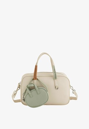 Beige rectangular handbag with braided handle accents in brown and green, featuring a small attached green pouch and detachable shoulder strap.