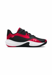 Black and red athletic shoes with a synthetic upper, lacing system, curved white midsole, and textured black outsole.
