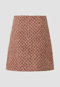 Mini rok in gestructureerde roze en bruine tweedstof met een rechte A-lijnsilhouet en een ritssluiting aan de achterkant.