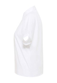 Camicia bianca a maniche corte in cotone con colletto classico e polsini arrotolati, caratterizzata da un orlo dritto e una superficie liscia.