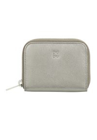 Portafoglio con cerniera in pelle argentata texture, forma rettangolare con angoli arrotondati, caratterizzato da un logo a rilievo discreto sul fronte.