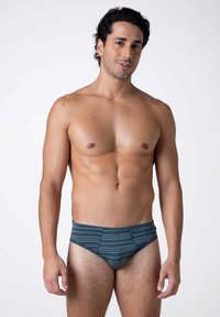 Costumi da bagno a slip blu e grigi a righe, realizzati in tessuto elastico, con un design a vita bassa e una texture liscia.