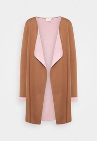 Cardigan marrone con un morbido interno rosa pallido. Presenta un'apertura frontale, maniche lunghe e polsini rosa chiaro. Realizzato in un tessuto morbido e confortevole.