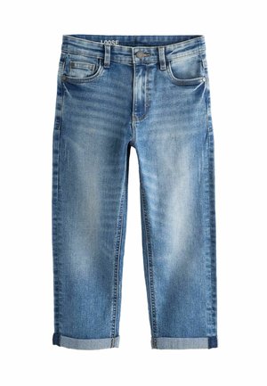 Jean en denim bleu clair à coupe ample, bouton et fermeture éclair à l'avant, poches et ourlets retroussés, présenté à plat sur un fond blanc.